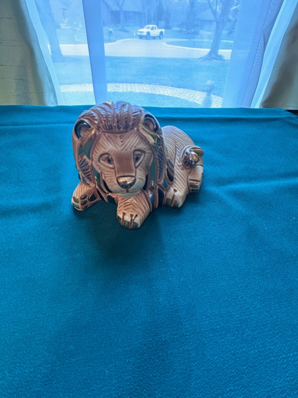 Artesania Rinconada Ceramic Lion Figurine with Gold Accents Handmade